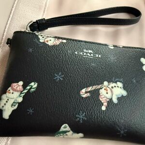 Coach Black Wristlet with Snowman and Candy Cane Design